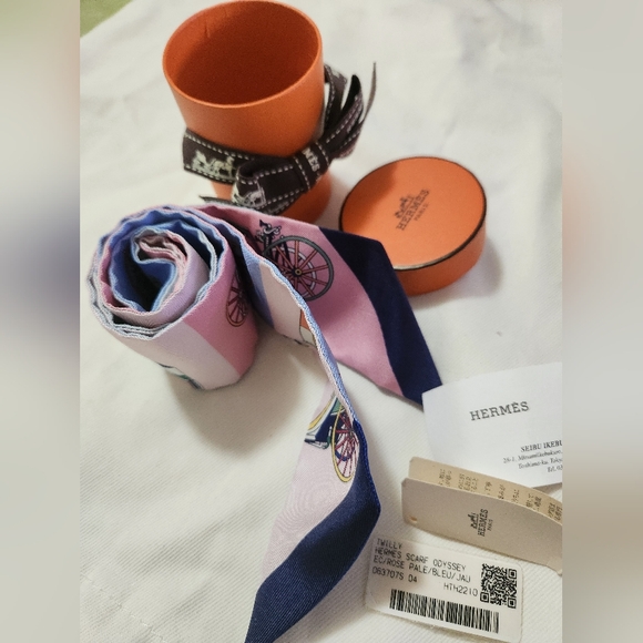 Hermes Twilly "Les Voitures Exquises" - Bleu/Rose/Vert - Picture 3 of 16